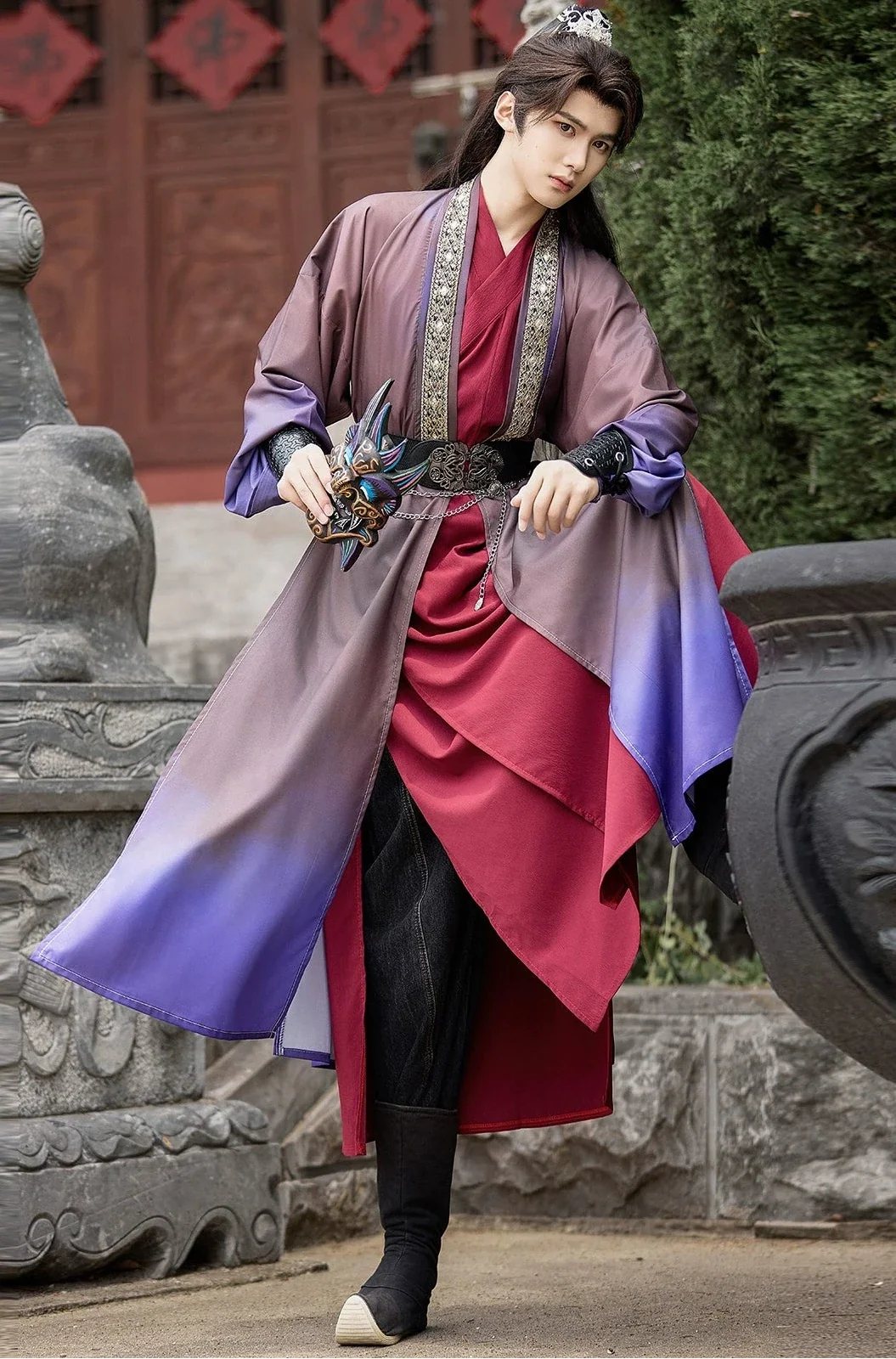 Purple Dawn Rising 紫气东来 - Mens Hanfu Cross-Collar Robe, Ghost King Cosplay with Han Elements