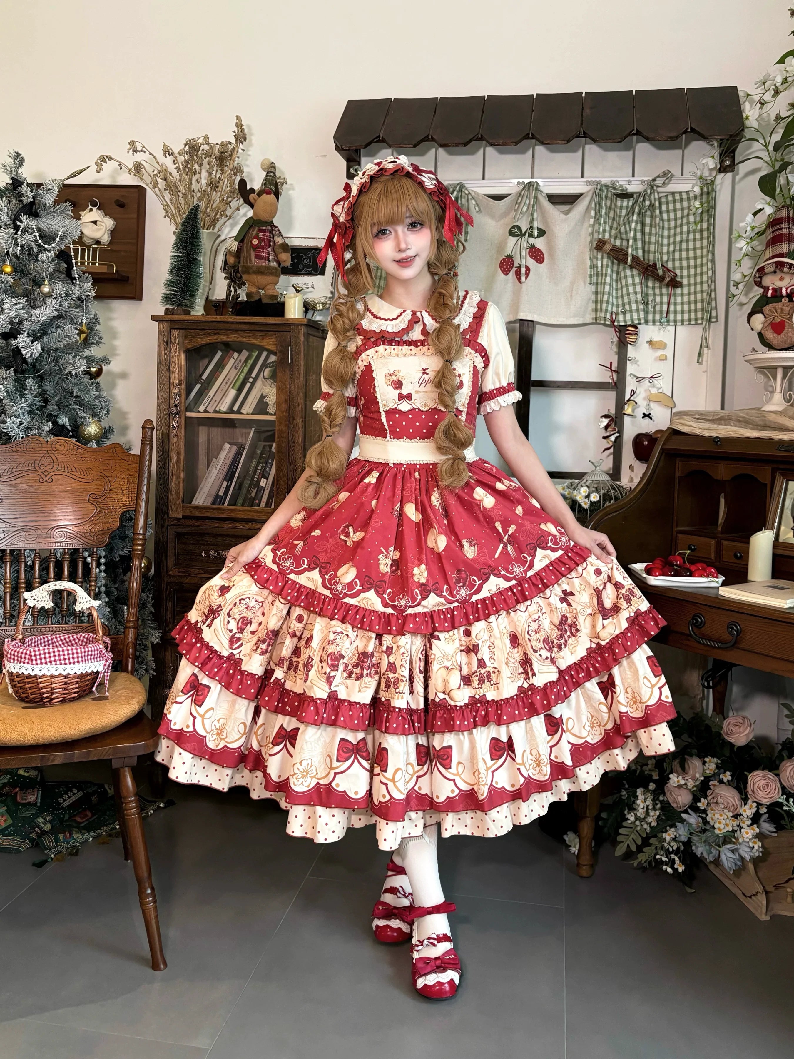 A Red Apple - Sweet Lolita JSK Dress, Tiered Hem Apron