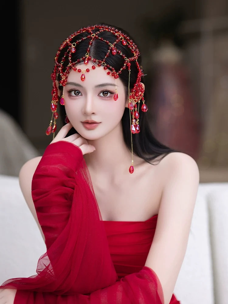 Blossoms in Red Veil - Exotic Dunhuang Bridal Hair Accessories Set Tassel Forehead Pendant Wedding Headpiece