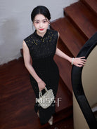 Sleeveless Gold Leaves Long Cheongsam | Qingchuan