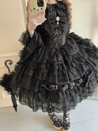 Dream Prelude - Dreamy Princess Lolita JSK Dress Suit, Tiered Lace Black
JSK + Back Trailing Bow S