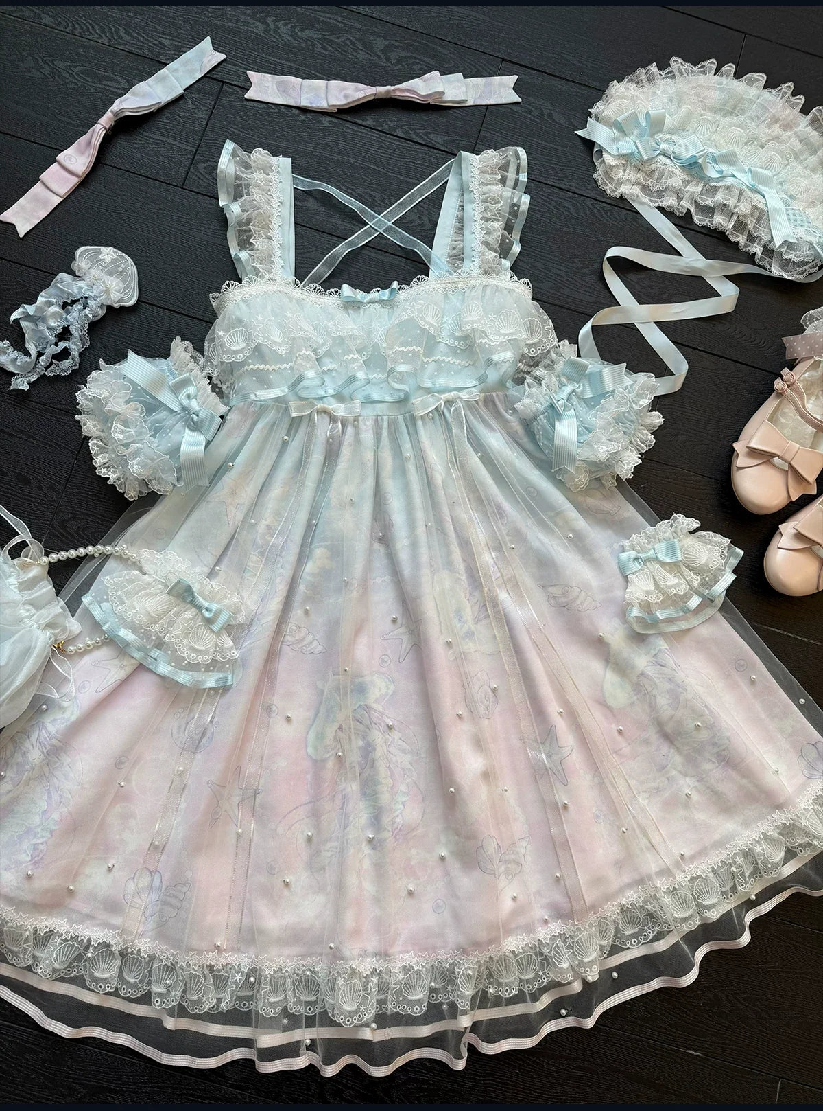Windchime Jellyfish - Sweet Lolita Halter Neck JSK Dress, Jellyfish Print & Overlay