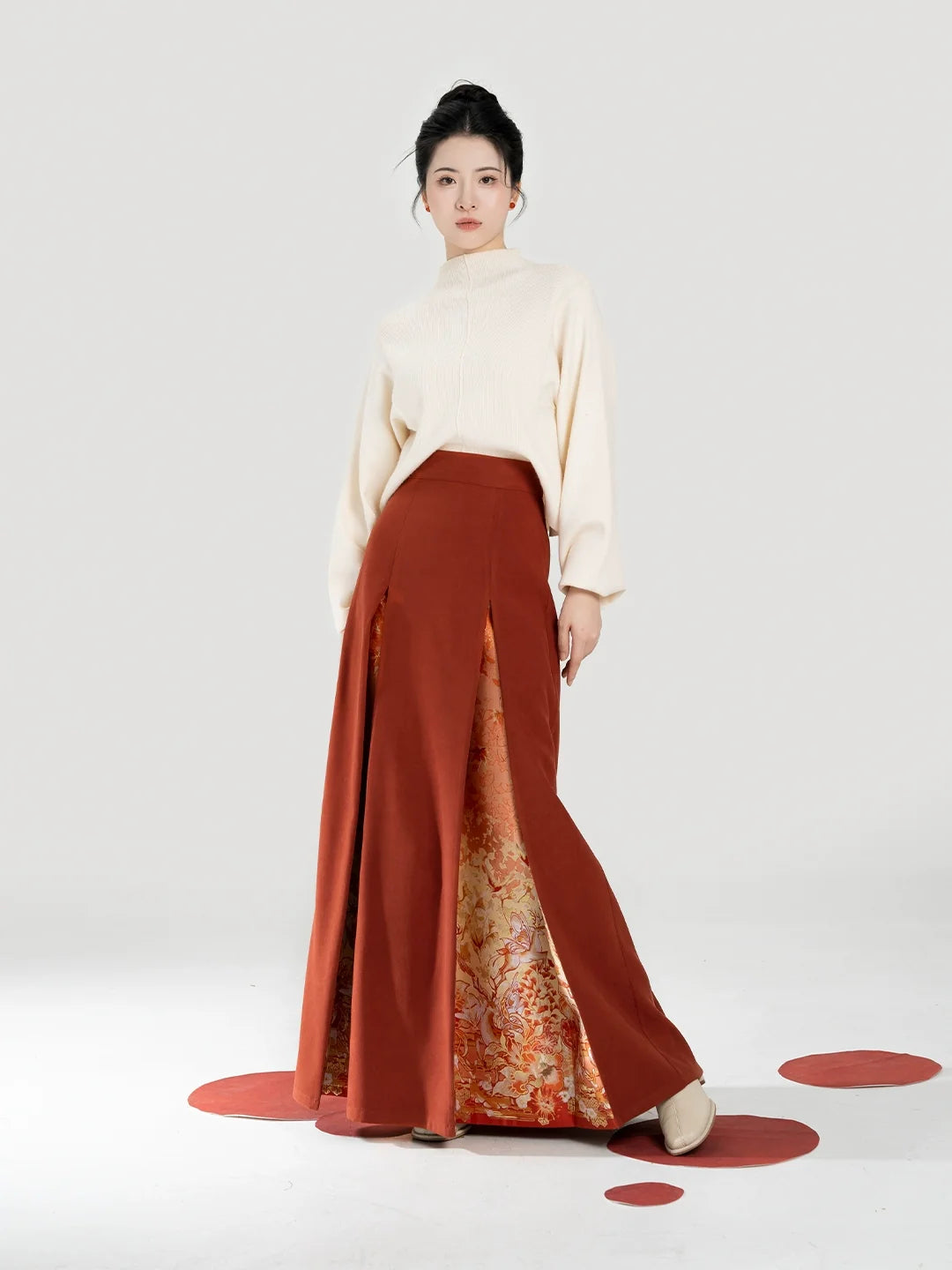 New Chinese Style Women Knit Top & Three Pleat Skirt Set - Maple Orange 枫橘 (Preorder)