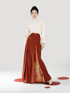 New Chinese Style Women Knit Top & Three Pleat Skirt Set - Maple Orange 枫橘 (Preorder)