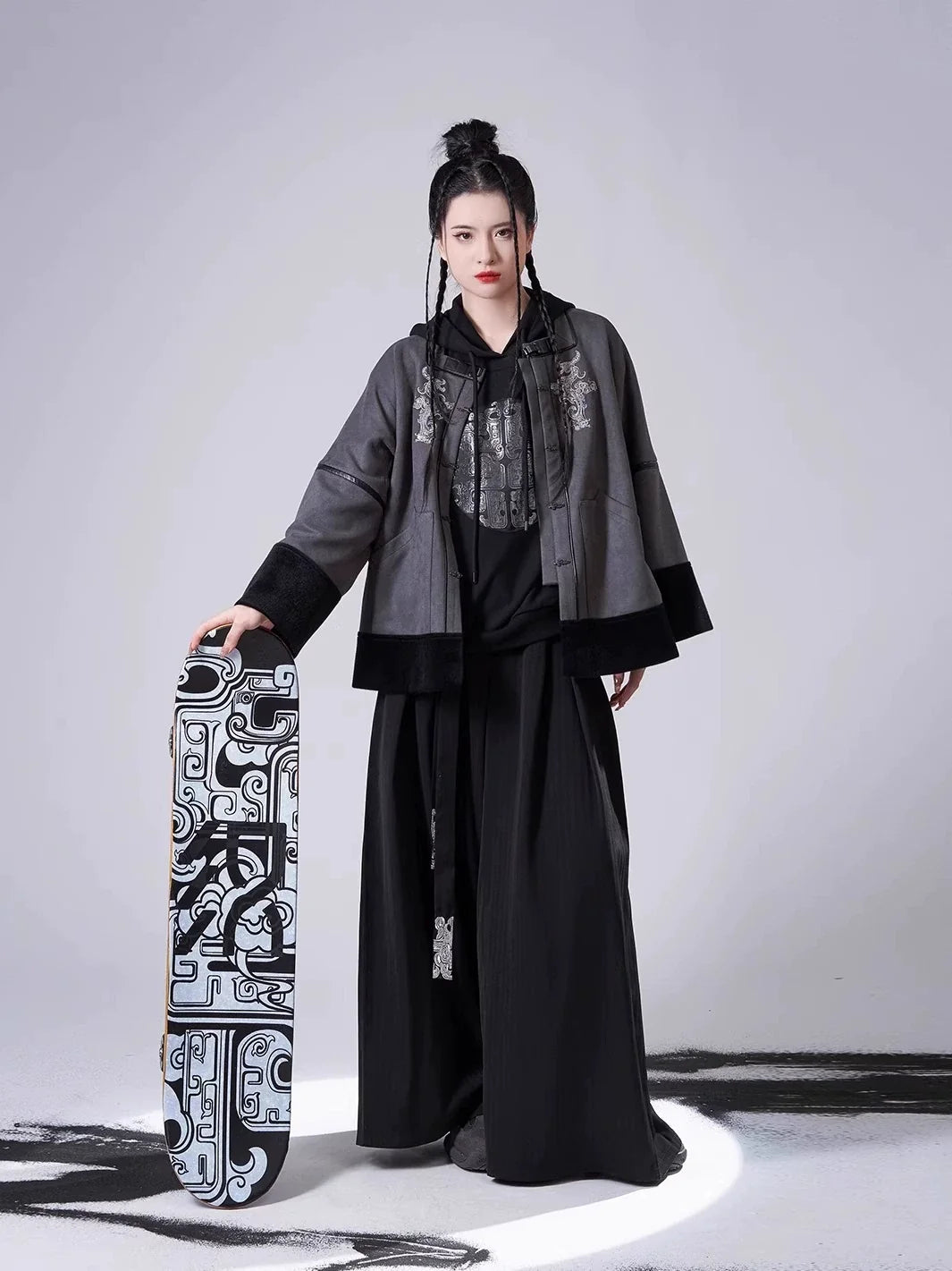 Song Dynasty Modern Hanfu Set with Hooded Jacket and Wide Leg Pants - Longding 龙鼎 (Preorder)