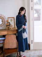 Long Sleeve Lace Trim Long Qipao | Navy