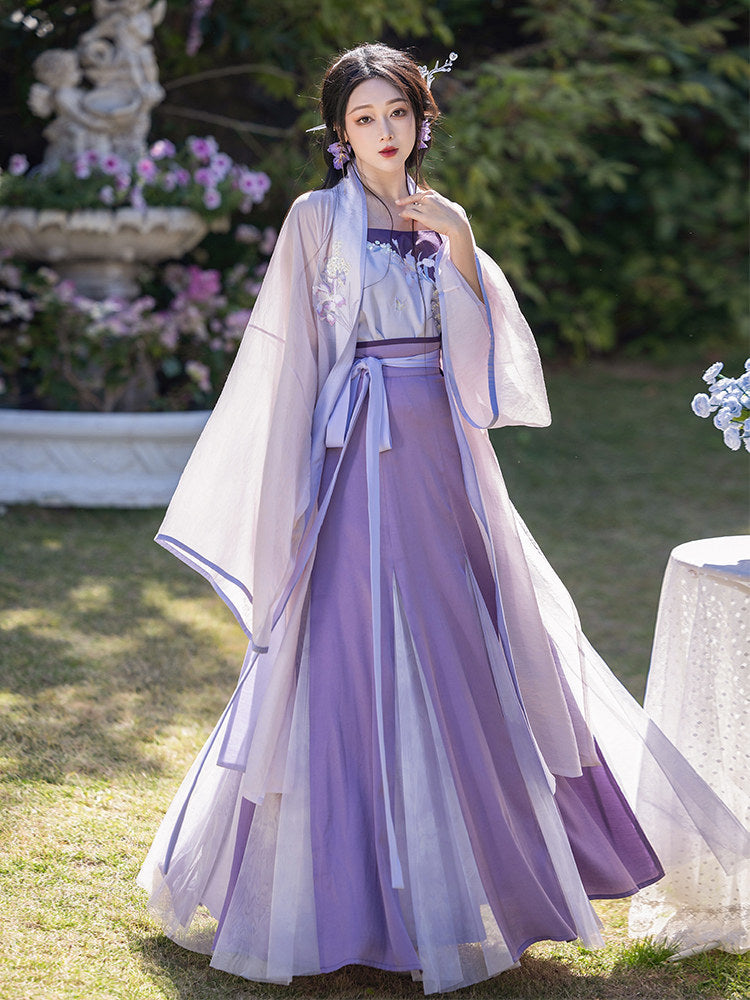 Song Dynasty Modern Hanfu Fairy Cardigan and Ten Panel Wrap Skirt - Iris 鸢尾花 (Preorder)