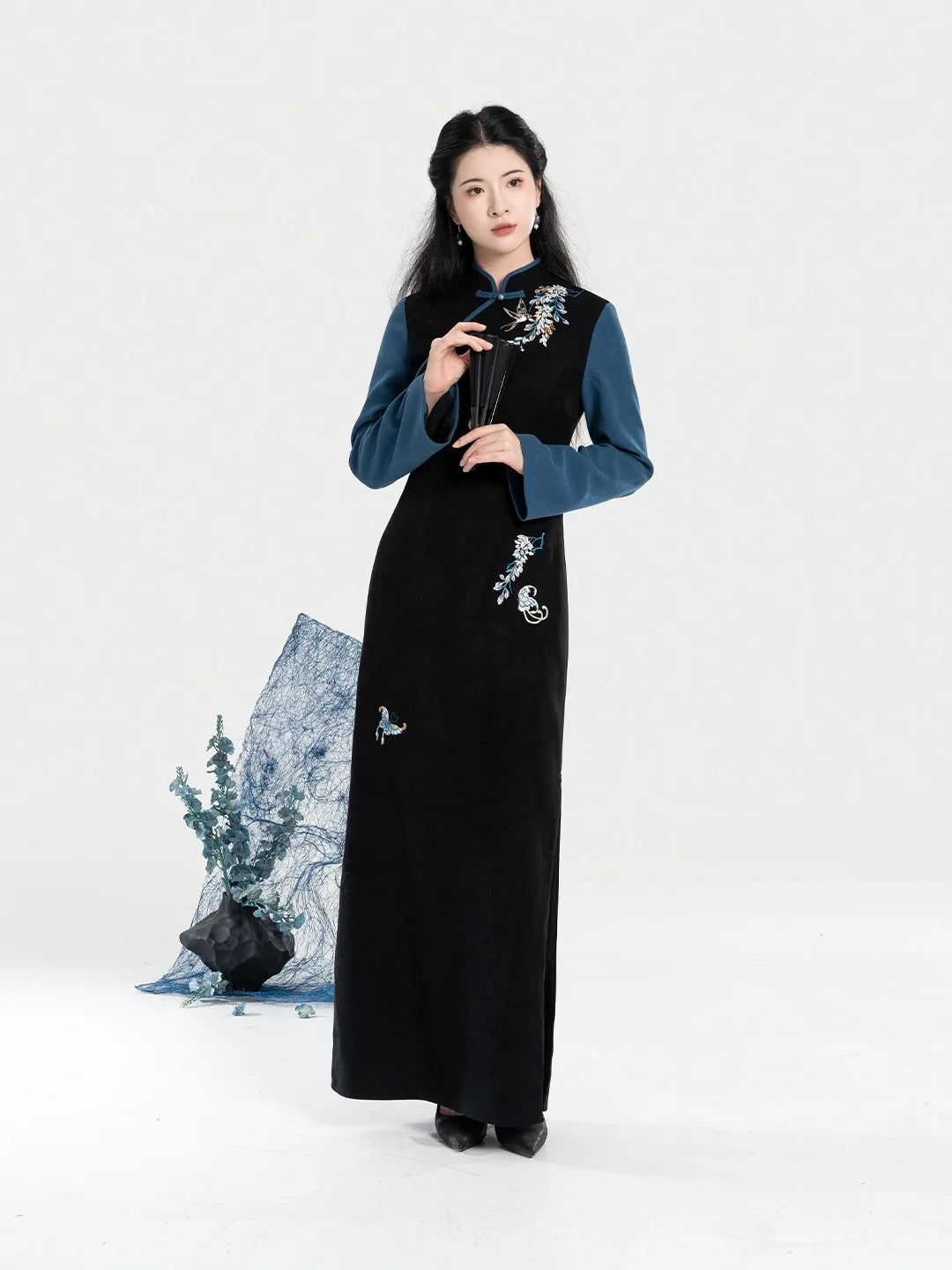 New Chinese Style Qipao Dress Embroidered Layered Long Sleeve Dress - Garden Butterfly 园中蝶 (Preorder)