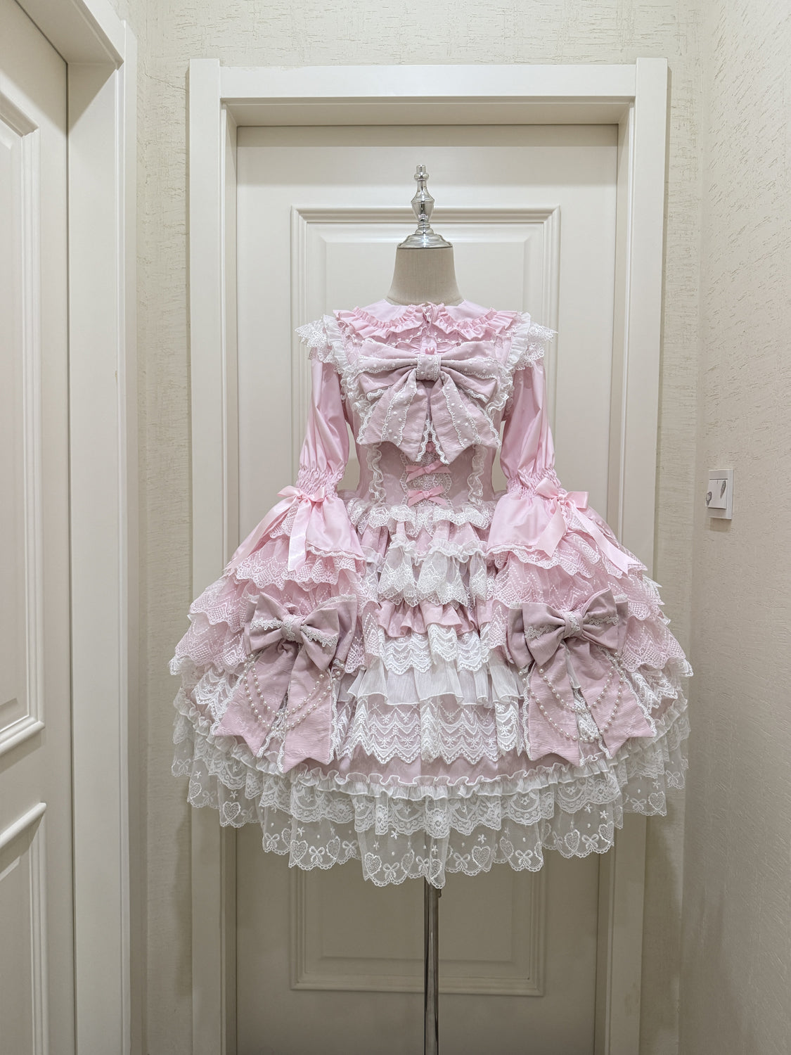 Cross Heart Knot - Sweet Lolita JSK Suit Tiered Ruffles Dress, Lace Blouse