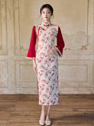 Long Sleeve Fur Trim Midi Qipao | Rose Petals
