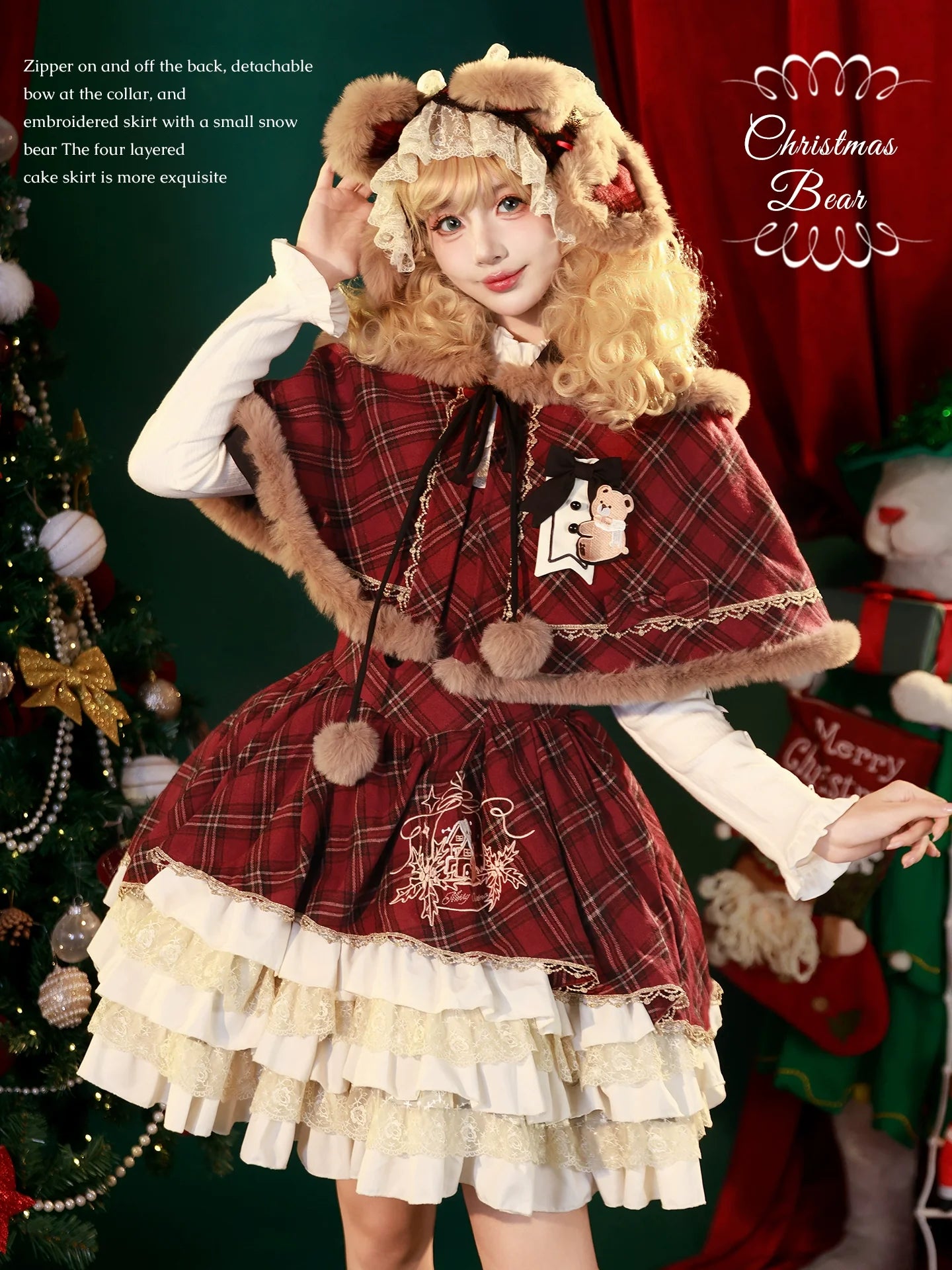 Kurikuma Cocoa - Christmas Plaid Lolita JSK, Hooded Cape