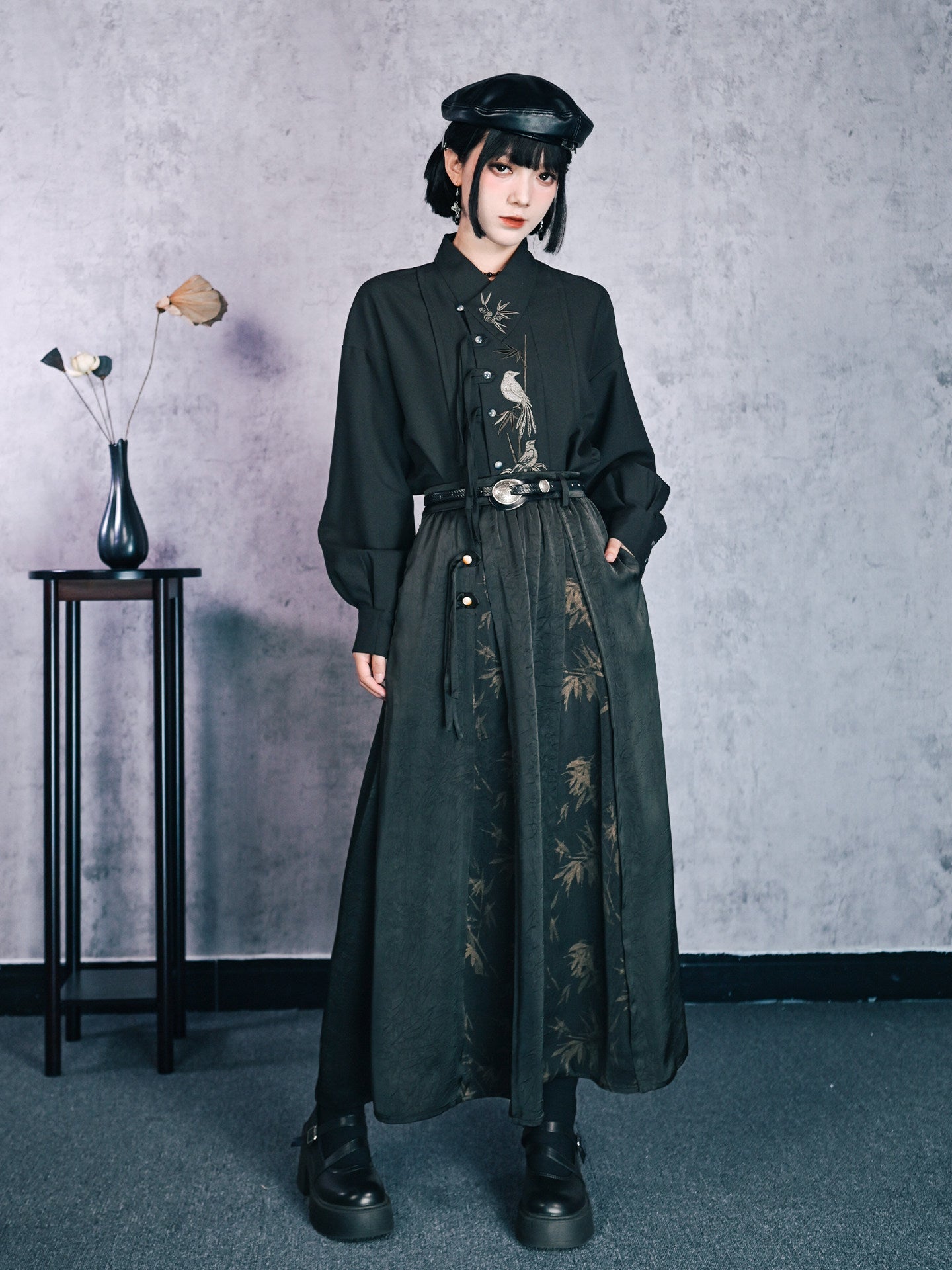 New Chinese Style High Waist Bamboo Print Skirt - Bamboo Shadow 竹影