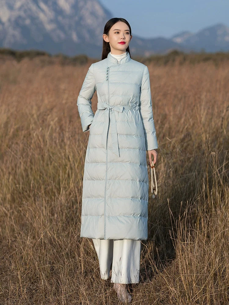 Snowy Dreams 雪中梦 - Long Vintage Chinese Style Down Coat for Women Over-Knee Length, Thickened Winter Tang Suit and Qipao Outerwear