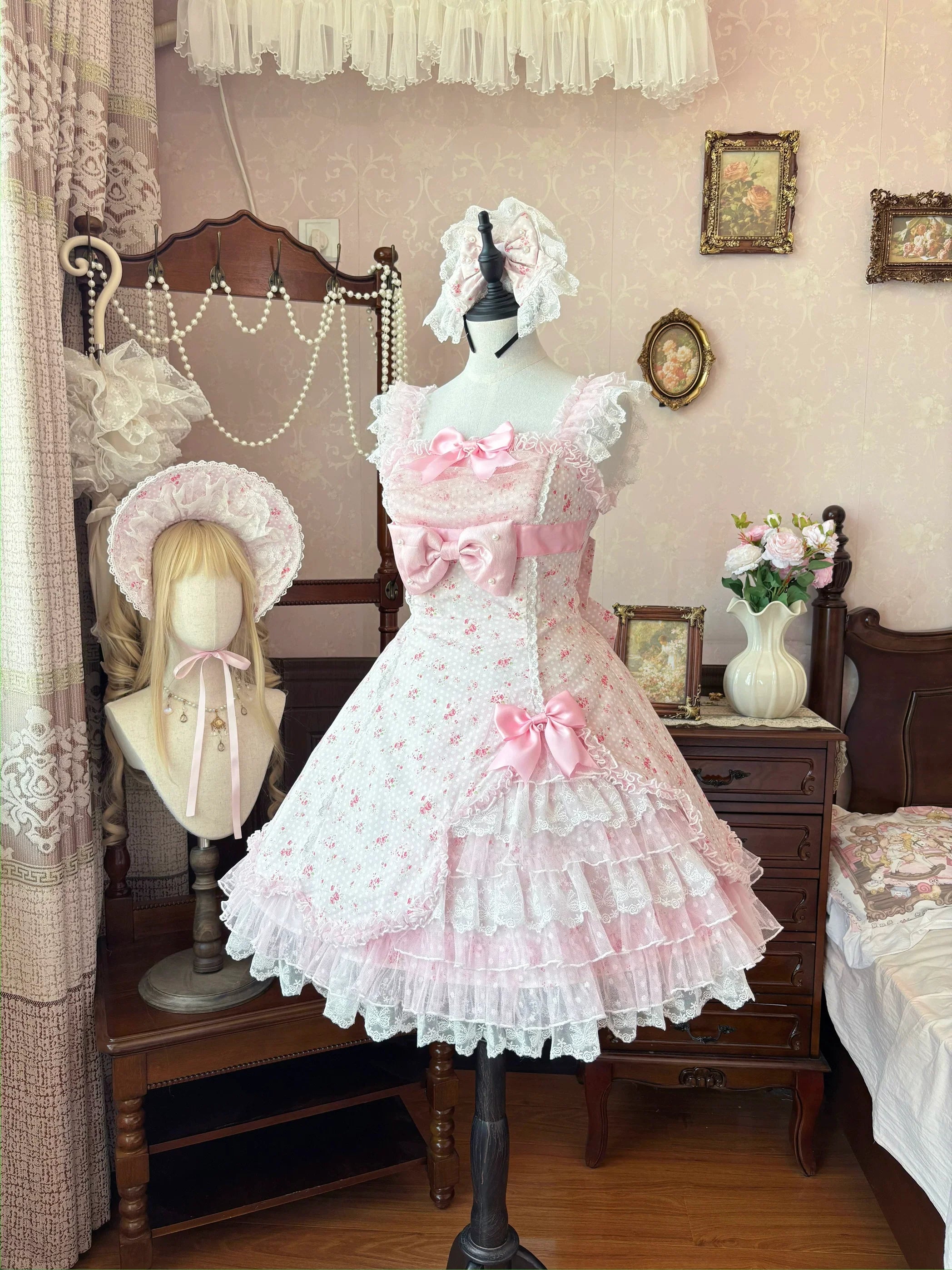Spring Bud - Old School Lolita Floral Print JSK Dress, Layered Skirt