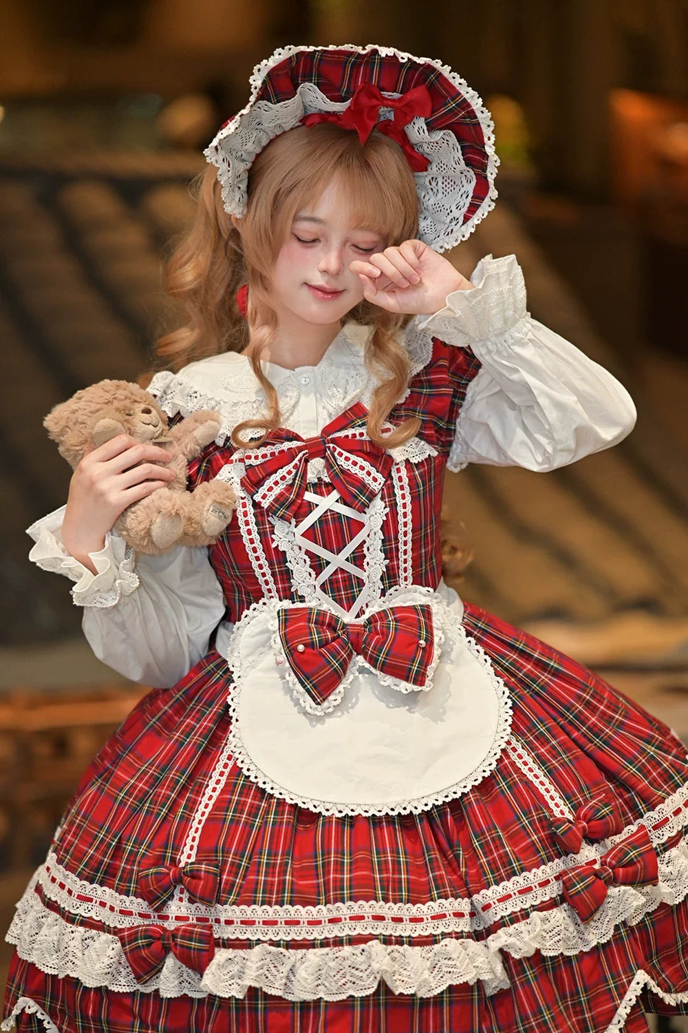 Plaid Petal Bunny - Old School Lolita Bunny Ear Headdress, Bear Ear Apron