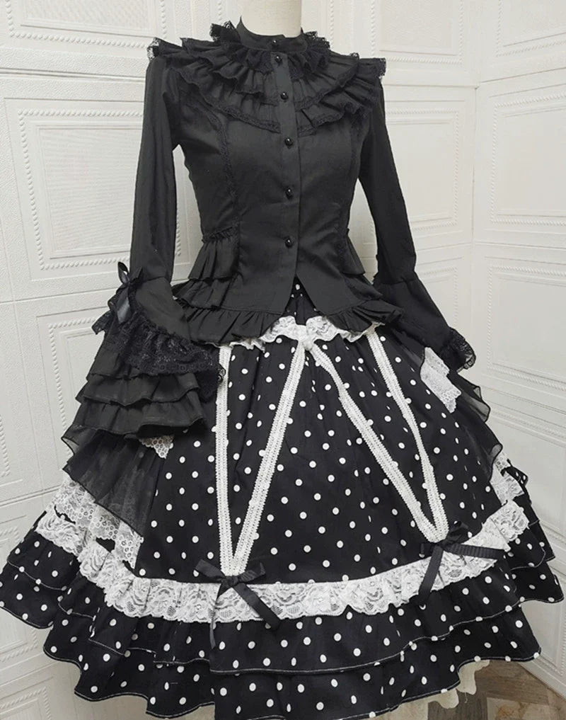 Japanese Old School Lolita Skirt, Polka Dots & Lace