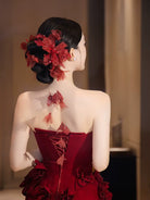 Fire Blossom - Red Floral Bridal Hair Accessories New Chinese Style Long Hairpins for Wedding and Banquet Cheongsam Dress