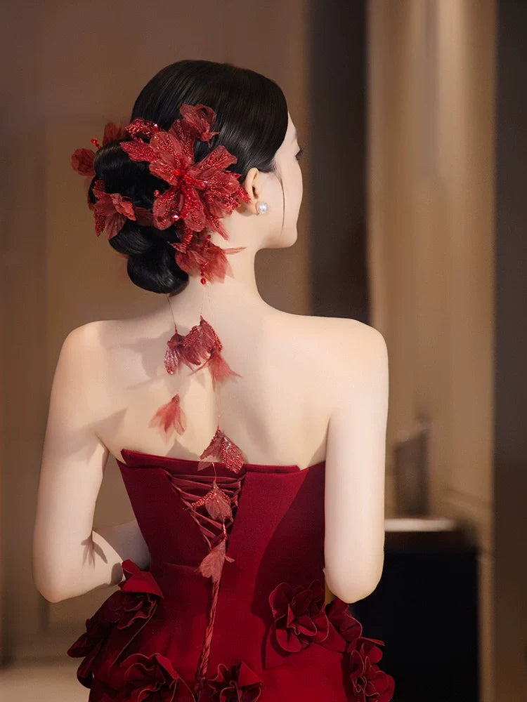 Fire Blossom - Red Floral Bridal Hair Accessories New Chinese Style Long Hairpins for Wedding and Banquet Cheongsam Dress