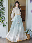 New Chinese Style Long Sleeve Top and Gradient Embroidered Mamianqun Set - Pear Blossom Song 梨花曲