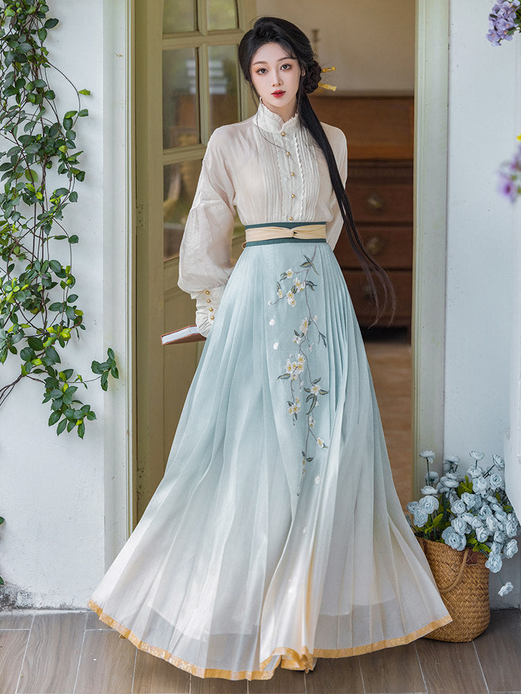 New Chinese Style Long Sleeve Top and Gradient Embroidered Mamianqun Set - Pear Blossom Song 梨花曲