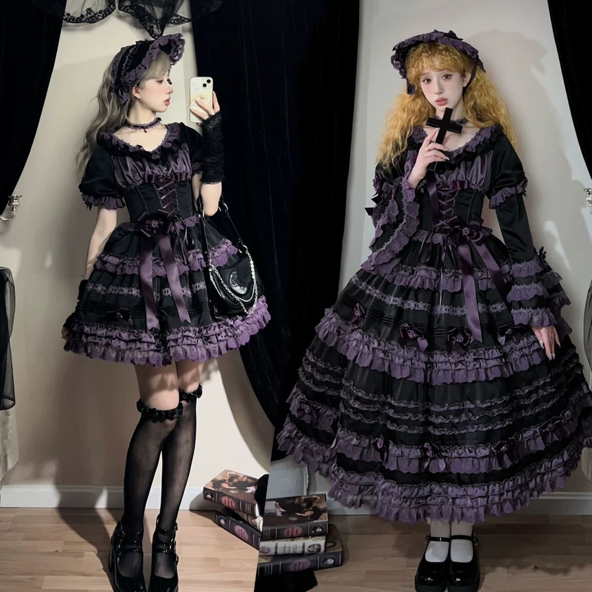 Stacked Black Currant - Gothic Lolita OP Dress, Detachable Skirt Hem