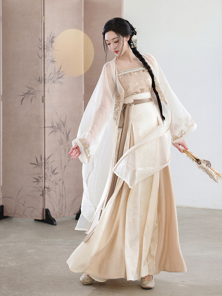 New Chinese Style Camisole with Pleated Wrap Skirt and Fairy Cardigan for Summer - Moon Amidst Clouds 云间月 (Preorder)