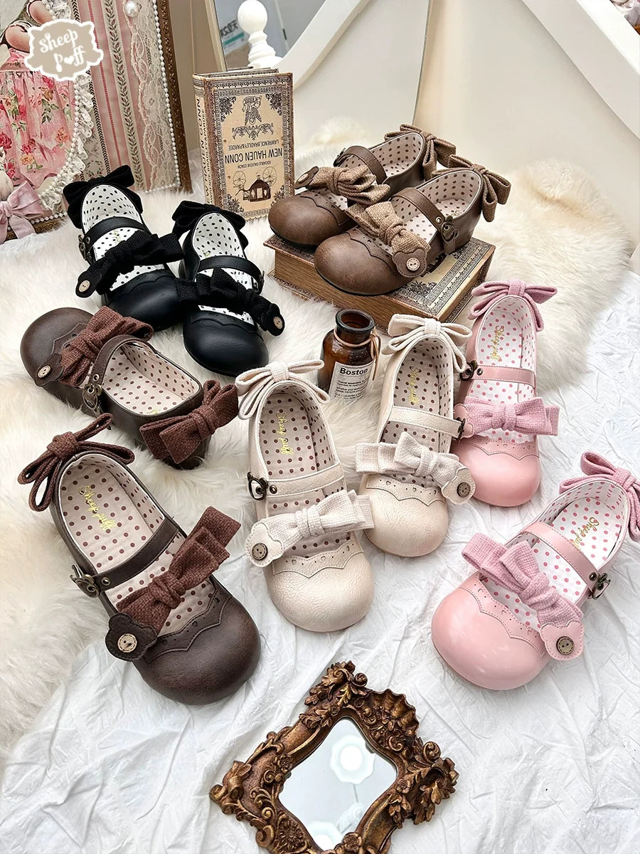 Bear Room - Sweet Lolita Shoes Double Bow Round Toe Flat Shoes