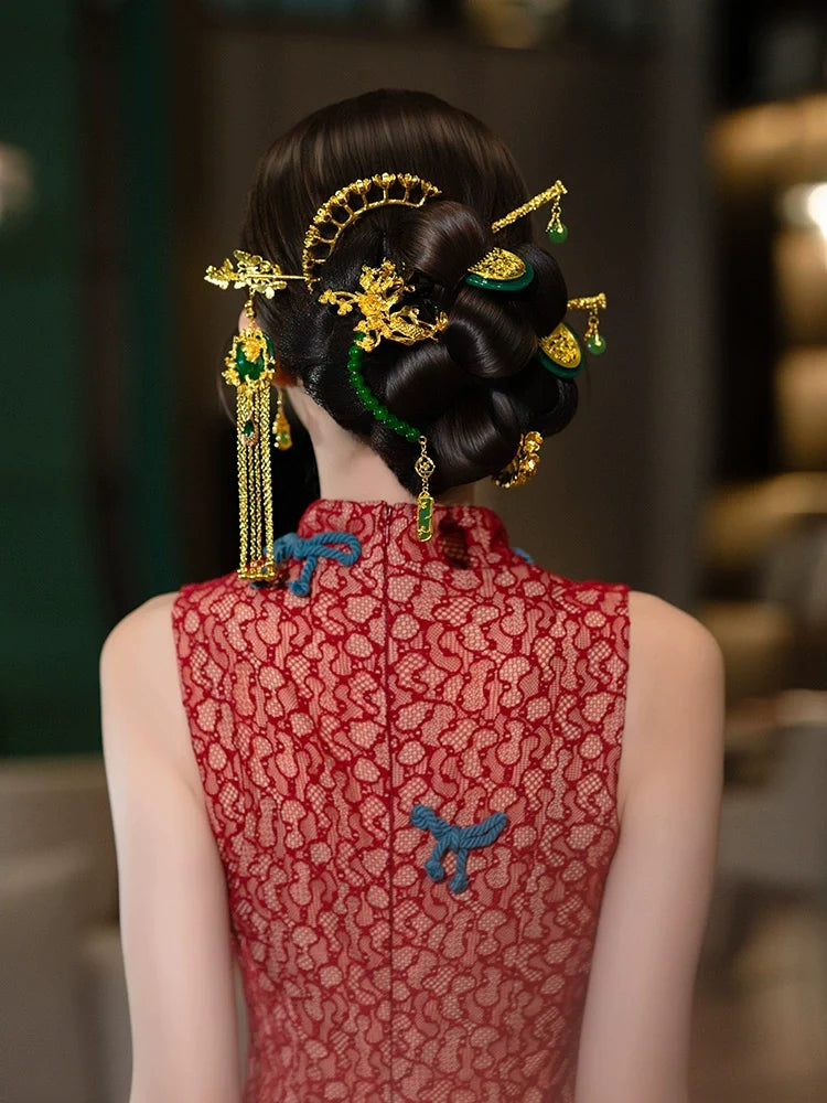 Vintage Gold Butterfly - Bridal Hairpin Set Chinese Wedding Tassel Hair Accessories for Xiuhe Dragon Phoenix Dress