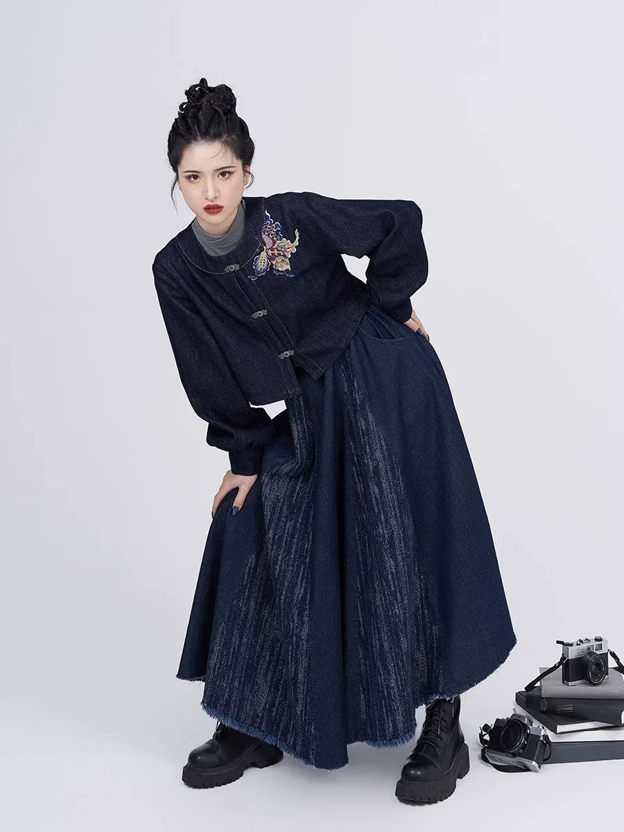 Tang Dynasty Modern Denim Hanfu Round Collar Jacket and Eight Panel Skirt - Canglan 苍岚 (Preorder)