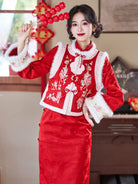 Long Sleeve Fur Trim Floral Qipao and Vest | Auspicious Luck