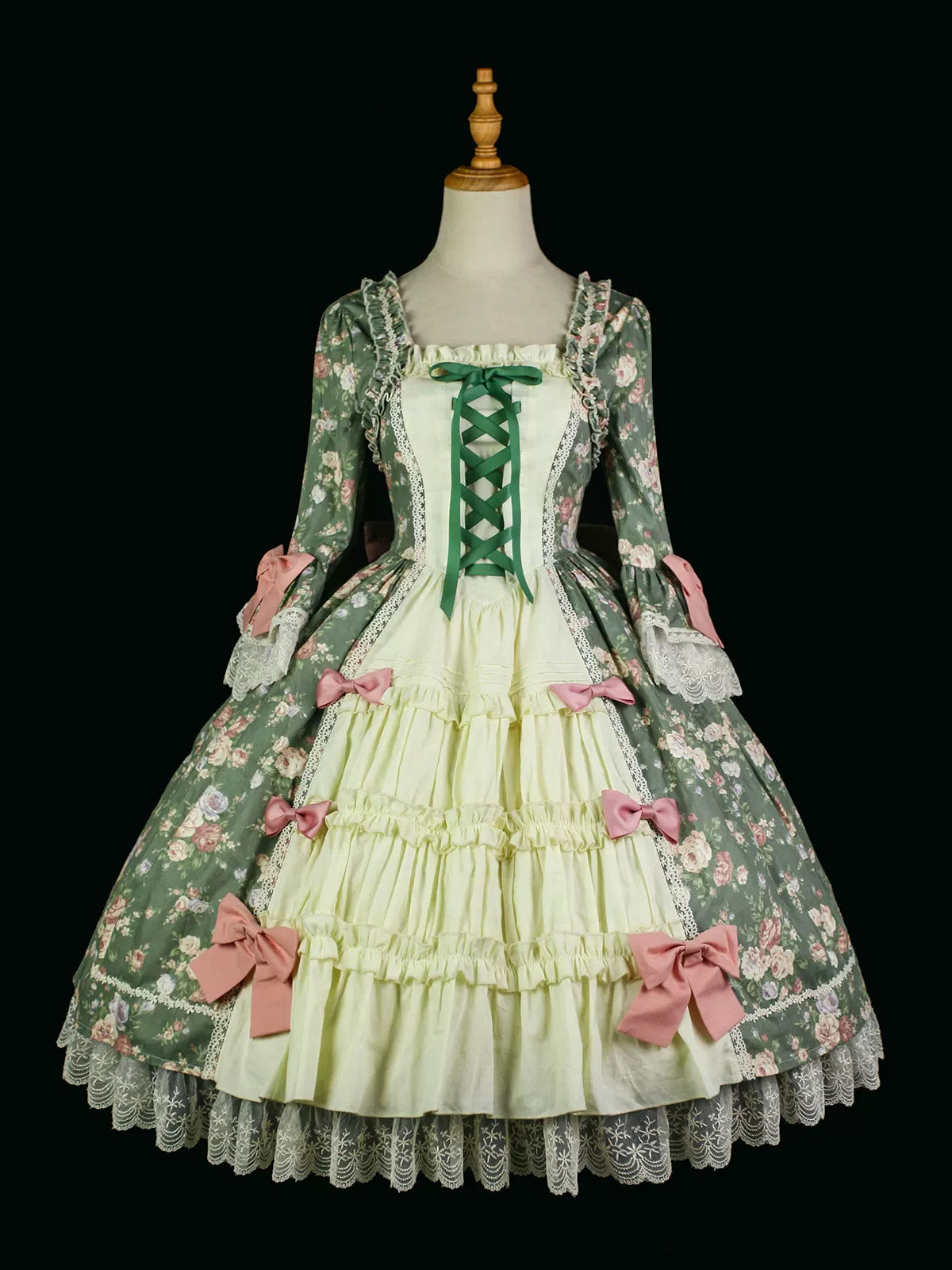 Classic Lolita Rococo Floral Print OP Dress, Lace Hime Sleeve