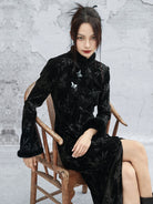 New Chinese Style Bamboo Leaf Embossed Slit Cheongsam Dress - Rongyue 溶月