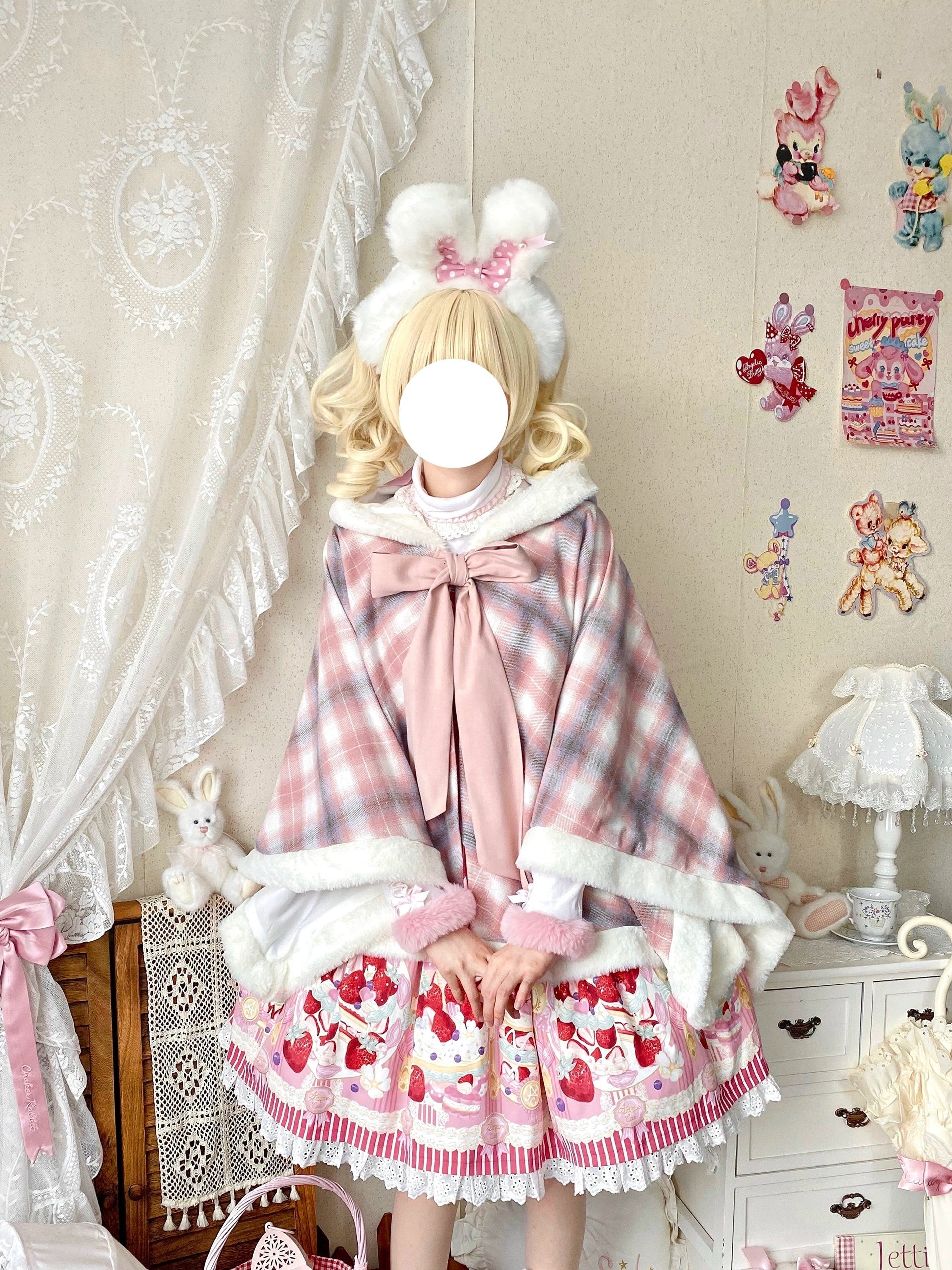 Qianmu - Waffle - Kawaii Lolita Cape Daily Lolita Plaid Hoodie Cloak