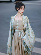 Modern Hanfu Outfit Retro Commuting Set with Cardigan, Camisole & Song-Style Pants - Huaqing 花青 (Preorder)