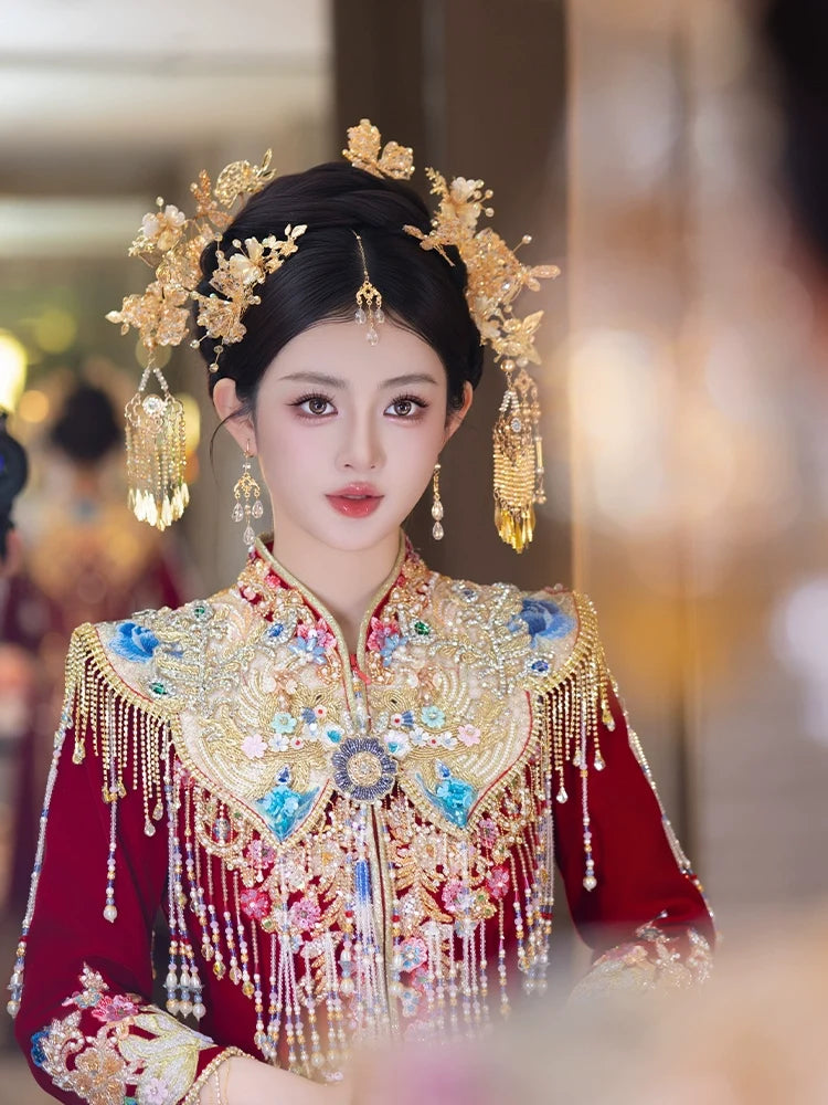 Champagne - Bridal Hair Accessories Elegant Chinese Wedding Headpiece with Tassels and Forehead Pendant for Xiuhe and Hanfu