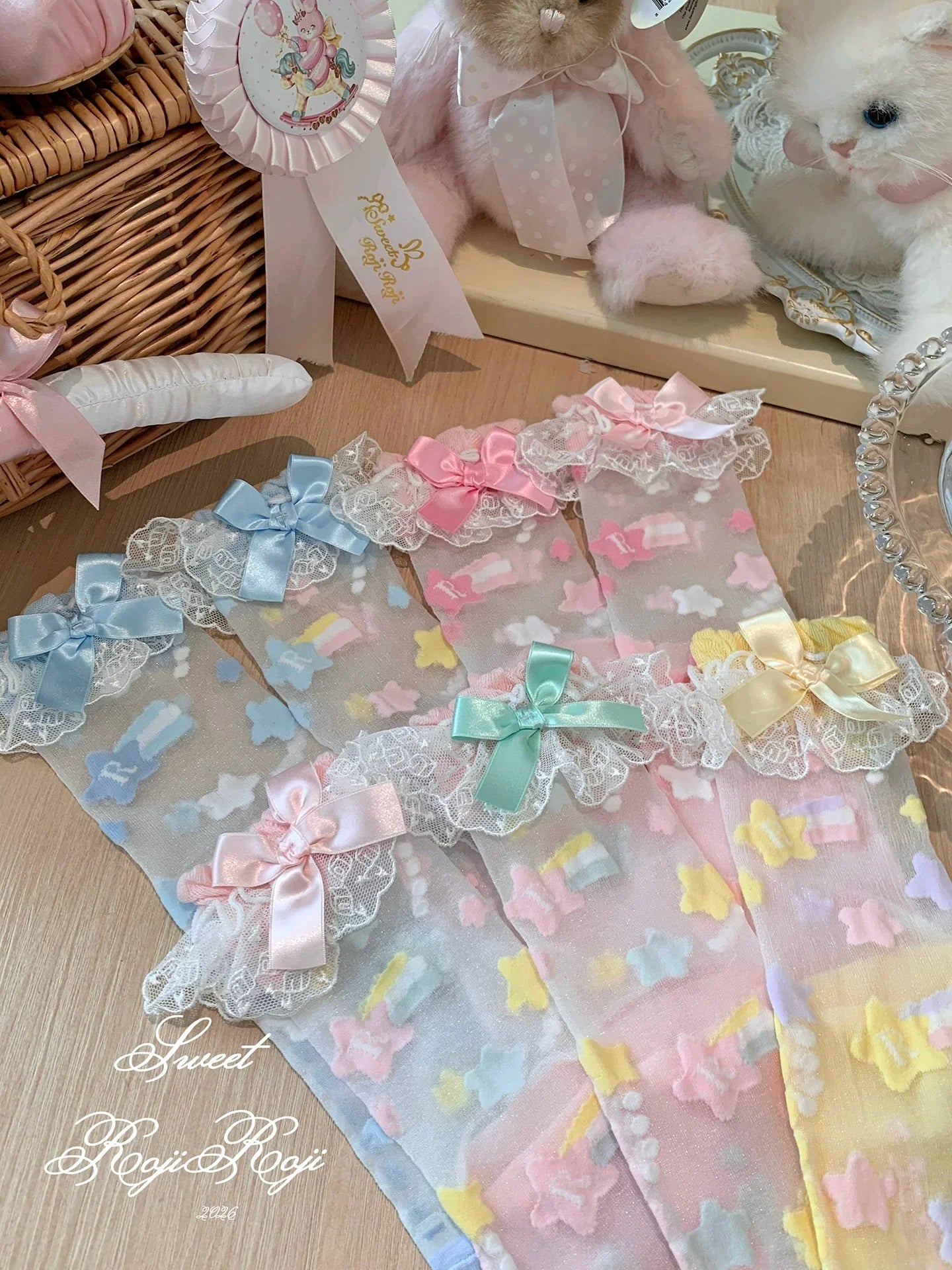 Sweet Lolita Star Embroidered Socks with Colorful Satin Bow