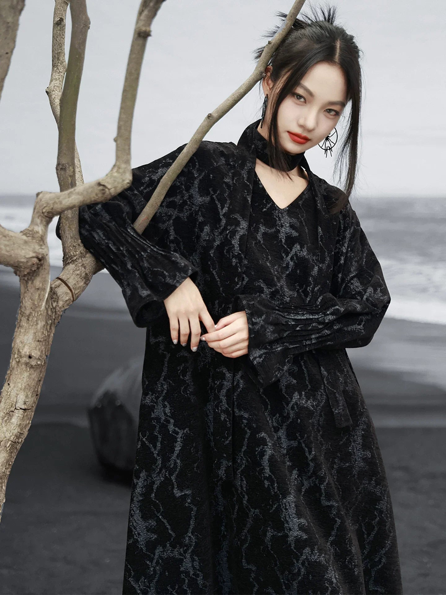 New Chinese Style Black Chenille Loose Long Dress