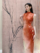 Sleeveless Autumn Gradient Floral Long Cheongsam | Luoshen