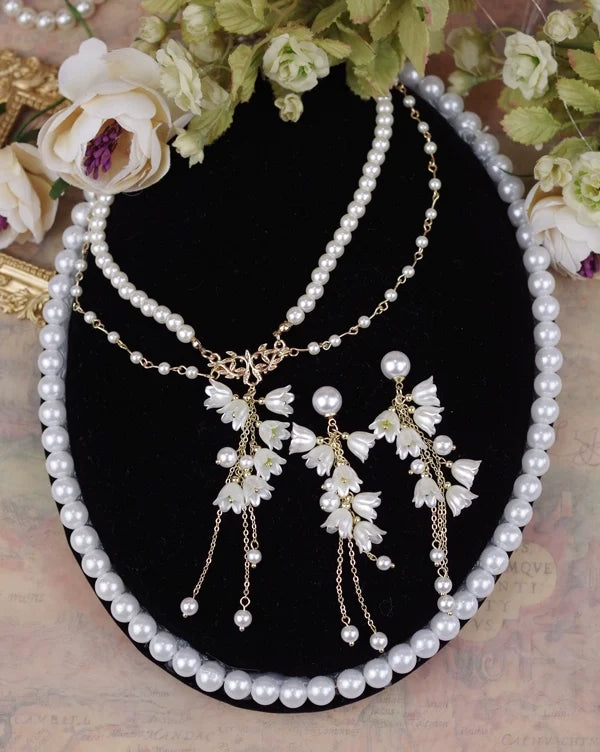 Lily Miss - Elegant Lolita Pearl Necklace and Earrings Set