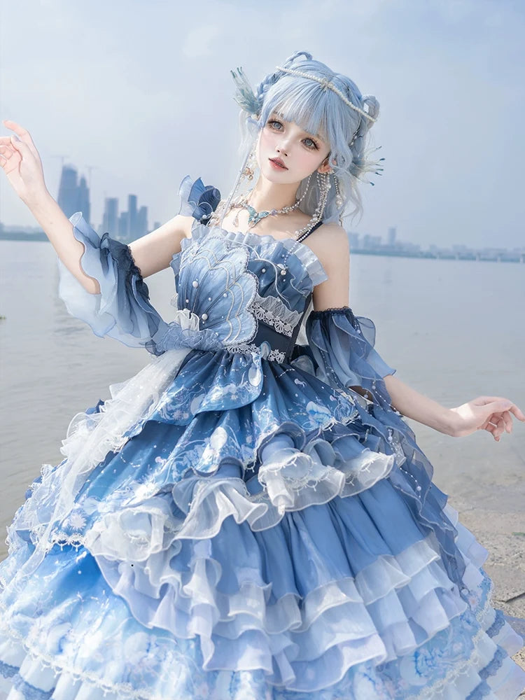 Blue Breath Jellyfish - Classic Lolita Jumper Dress, Side Zipper