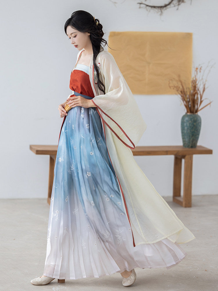 Song Dynasty Modern Hanfu Changgan Temple Cardigan and Pleated Skirt - Chaoyan 朝颜 (Preorder)
