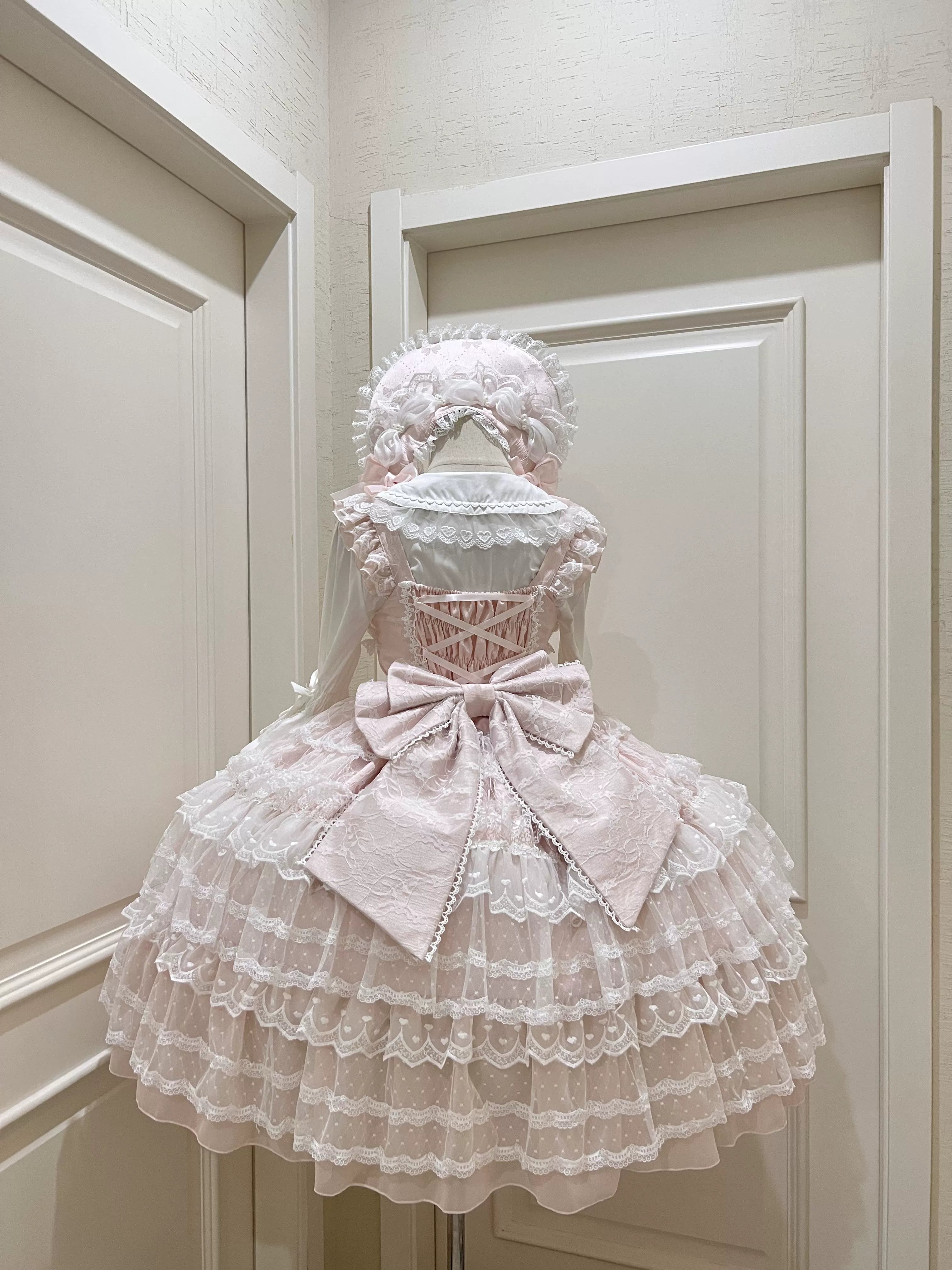 Dream Prelude - Dreamy Princess Lolita JSK Dress Suit, Tiered Lace Black JSK + Back Trailing Bow S