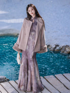 New Chinese Style Fitted Mermaid Cheongsam Dress and Outerwear with Detachable Fur Collar - Purple Mist 生紫烟 (Preorder)