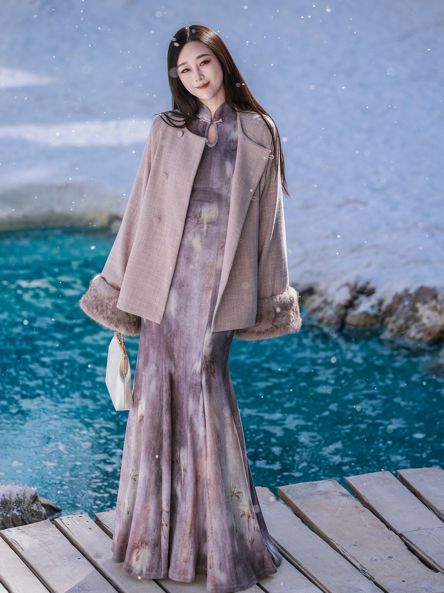 New Chinese Style Fitted Mermaid Cheongsam Dress and Outerwear with Detachable Fur Collar - Purple Mist 生紫烟 (Preorder)