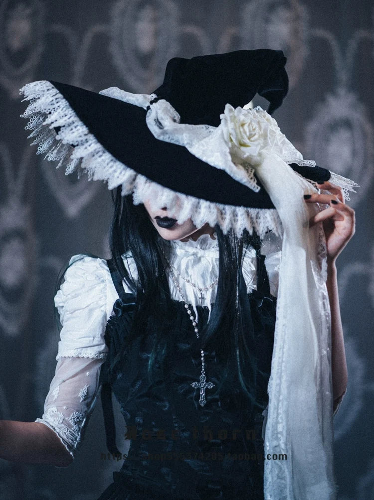 Rose Thorn - Gothic Lolita Witch Hat, Detachable Rose