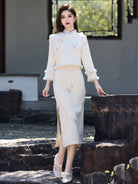Long Sleeve Fur Trim Midi Qipao and Vest | Snow White