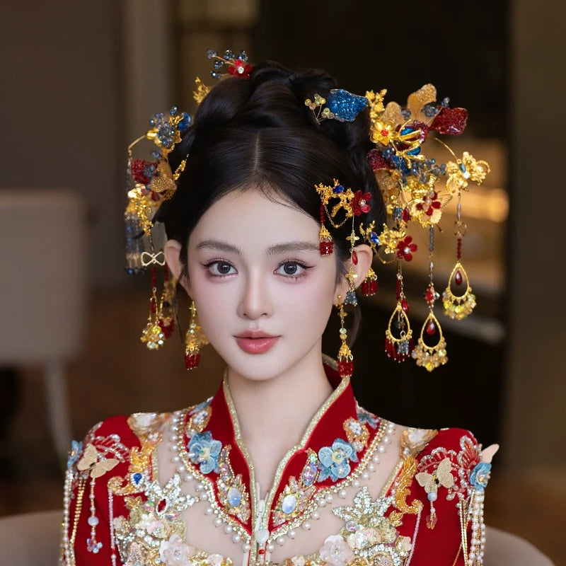 Red and Blue Tassel Bridal Hairpins Classical Floral Headpiece for Chinese Wedding Hanfu Xiuhe Dress
