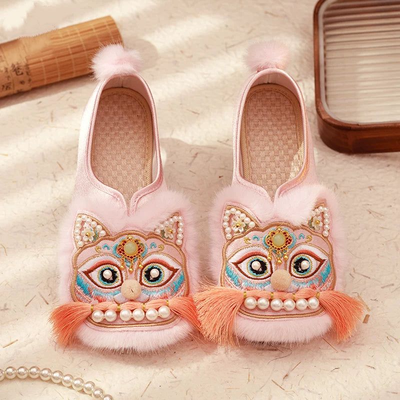 Lucky Tiger | Real Rabbit Fur Embroidered Shoes(福虎)