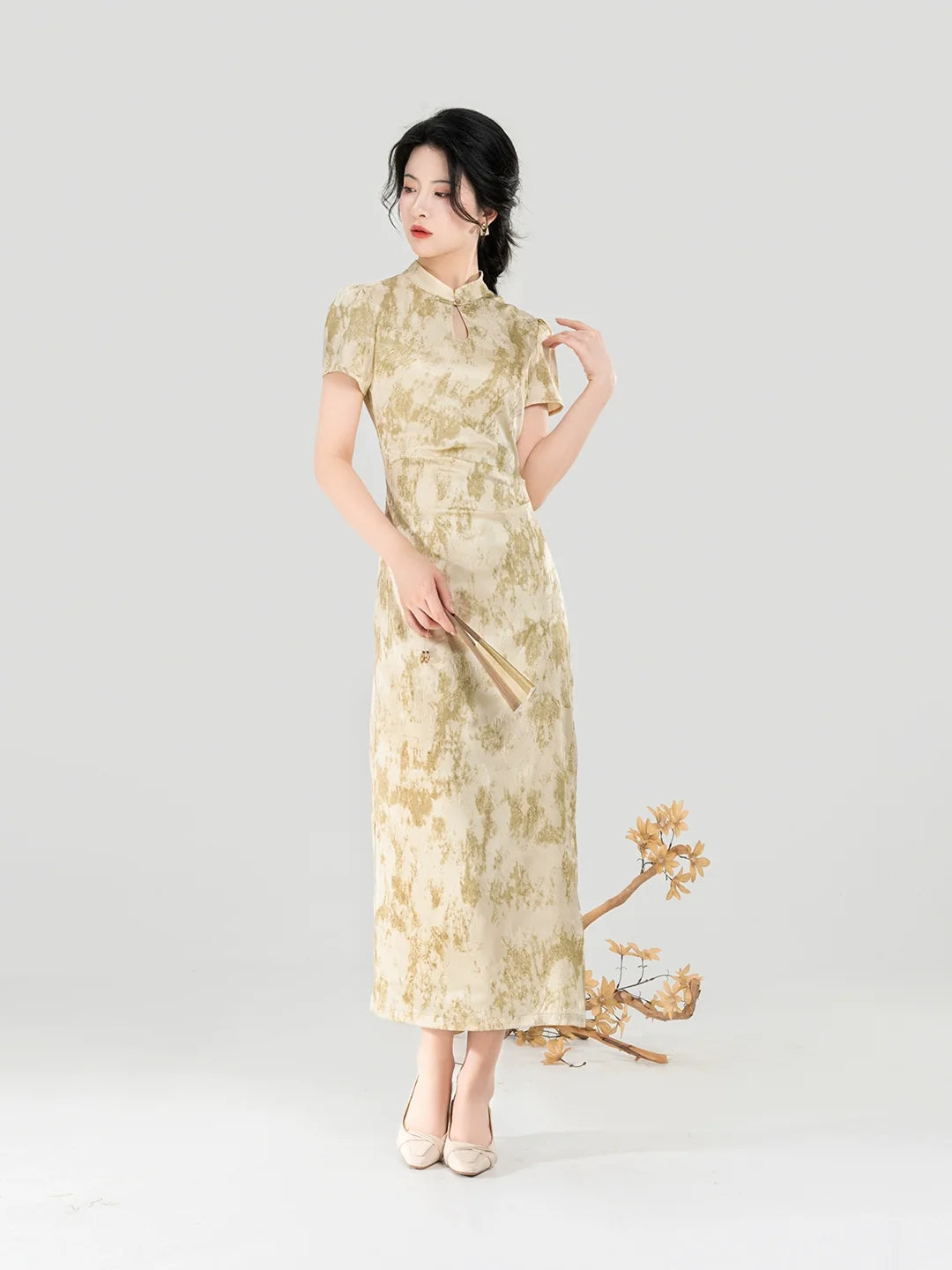 New Chinese Style Short Sleeve Qipao Summer Dress - Apricot Branch 杏枝 (Preorder)