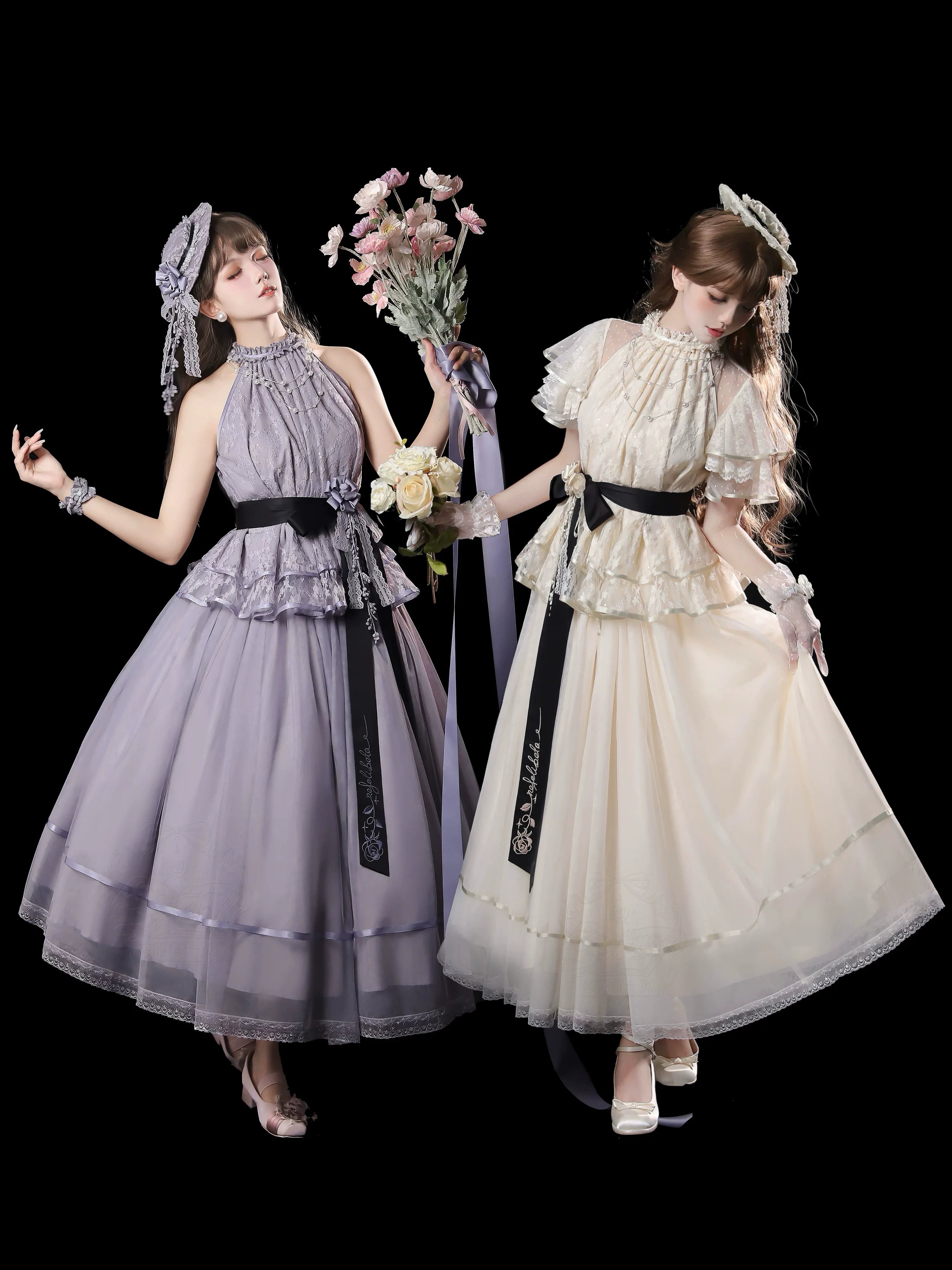 Moonlight Ode - Classic Lolita Lace Halter-neck Blouse & Tulle Skirt Set